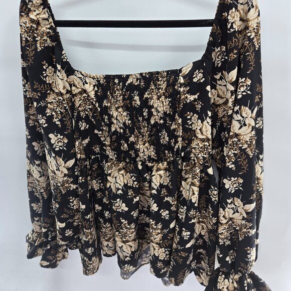 Shein Curve Black Brown Cream Floral Long Sleeved Back Ruched Blouse 4XL - Picture 4 of 10